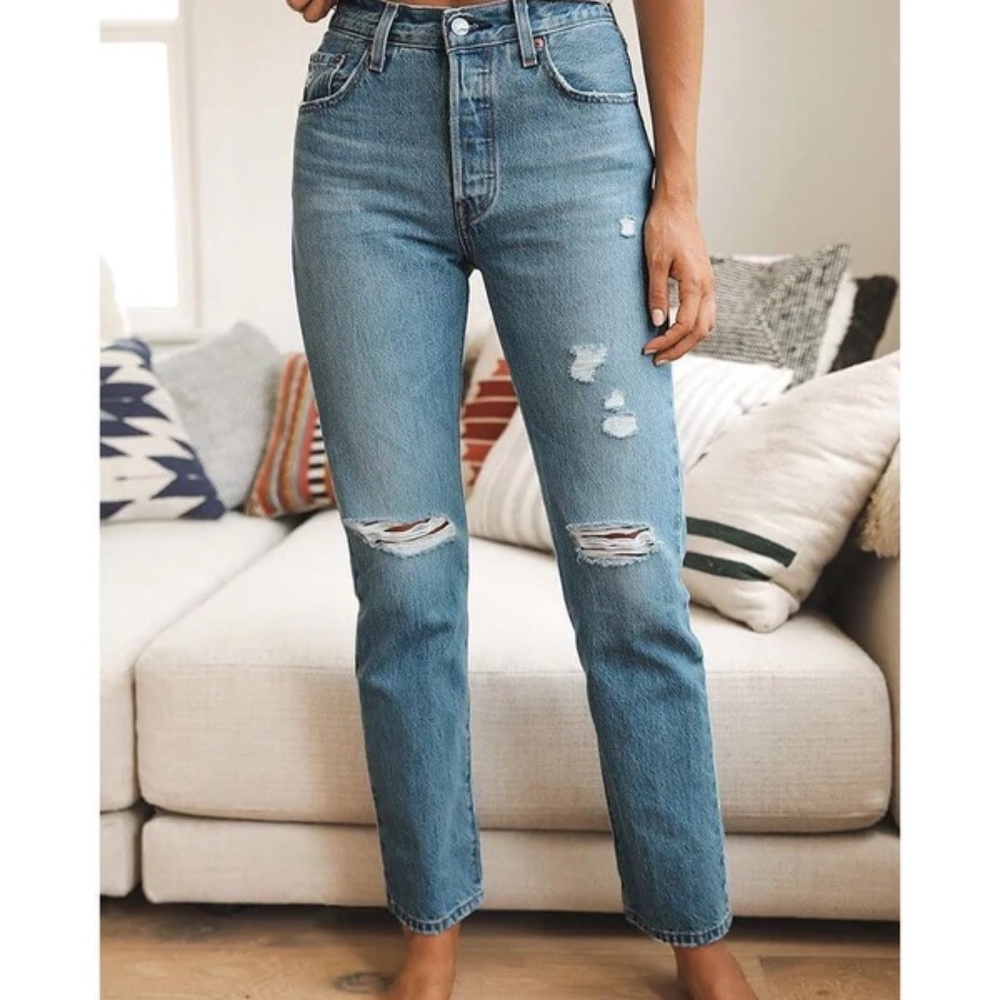 High-Rise Distressed Straight Leg Jeans - Blue - Picture 2 of 14